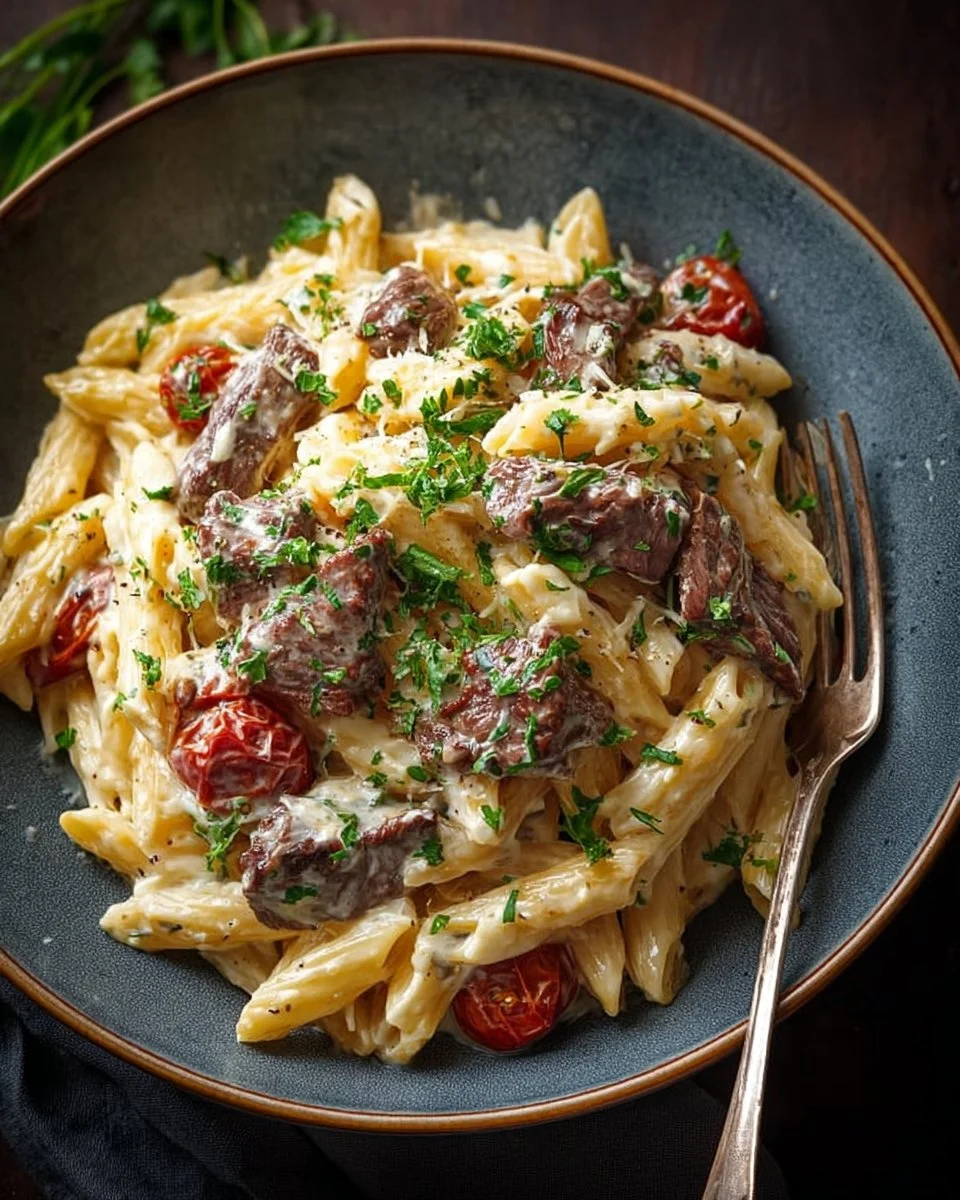 Creamy and rich silky steak pasta with tender slices of steak and fresh herbs