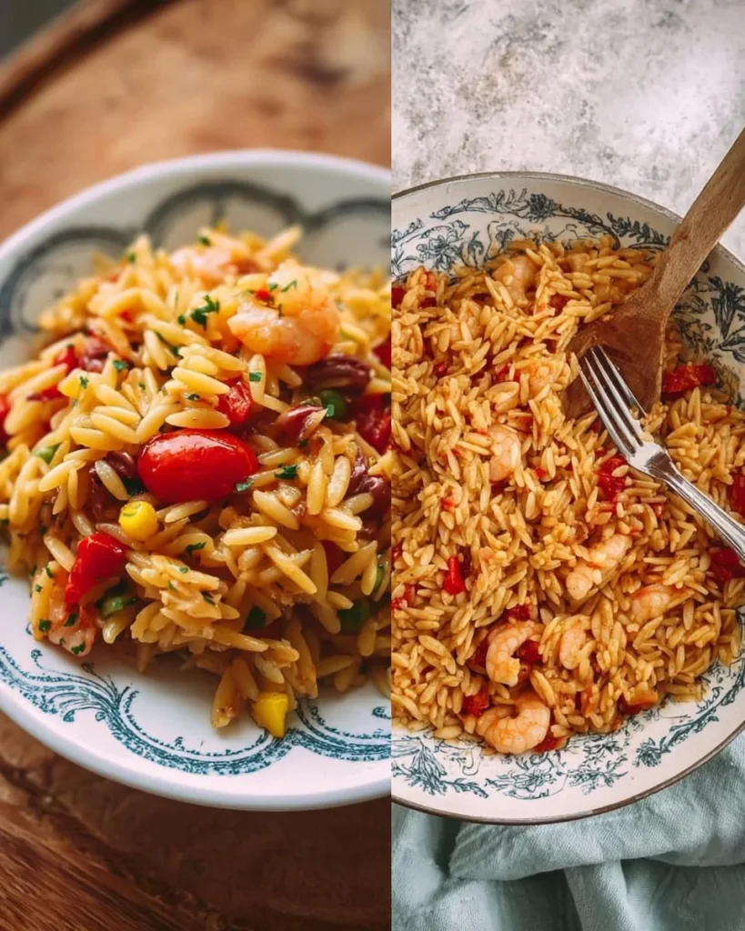 A bowl of simple and quick orzo recipes with colorful vegetables.