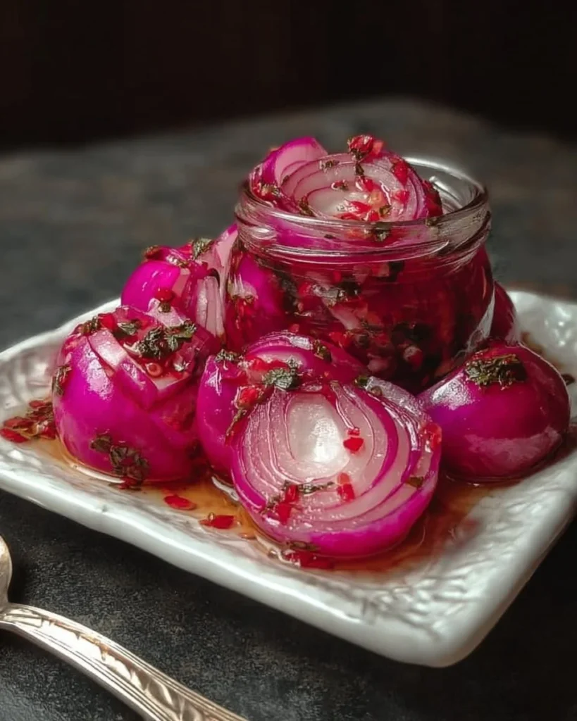 Spicy honey pickled red onions in a jar with fresh ingredients