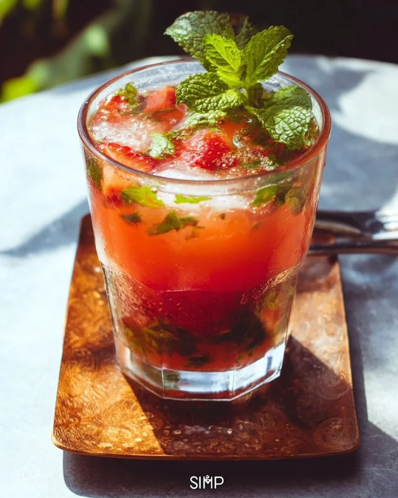 Refreshing Strawberry Mint Mojito cocktail with fresh strawberries and mint leaves