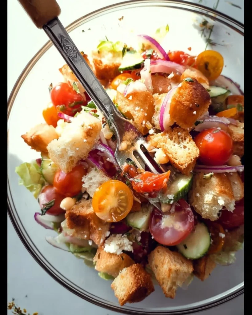 Fresh Summer Tomato Panzanella Salad with colorful vegetables and bread