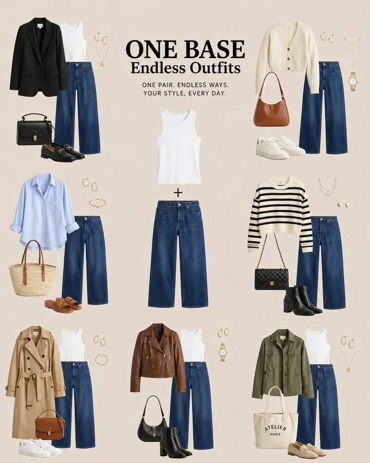 Outfit ideas featuring a white tank top and jeans as wardrobe foundation staples.