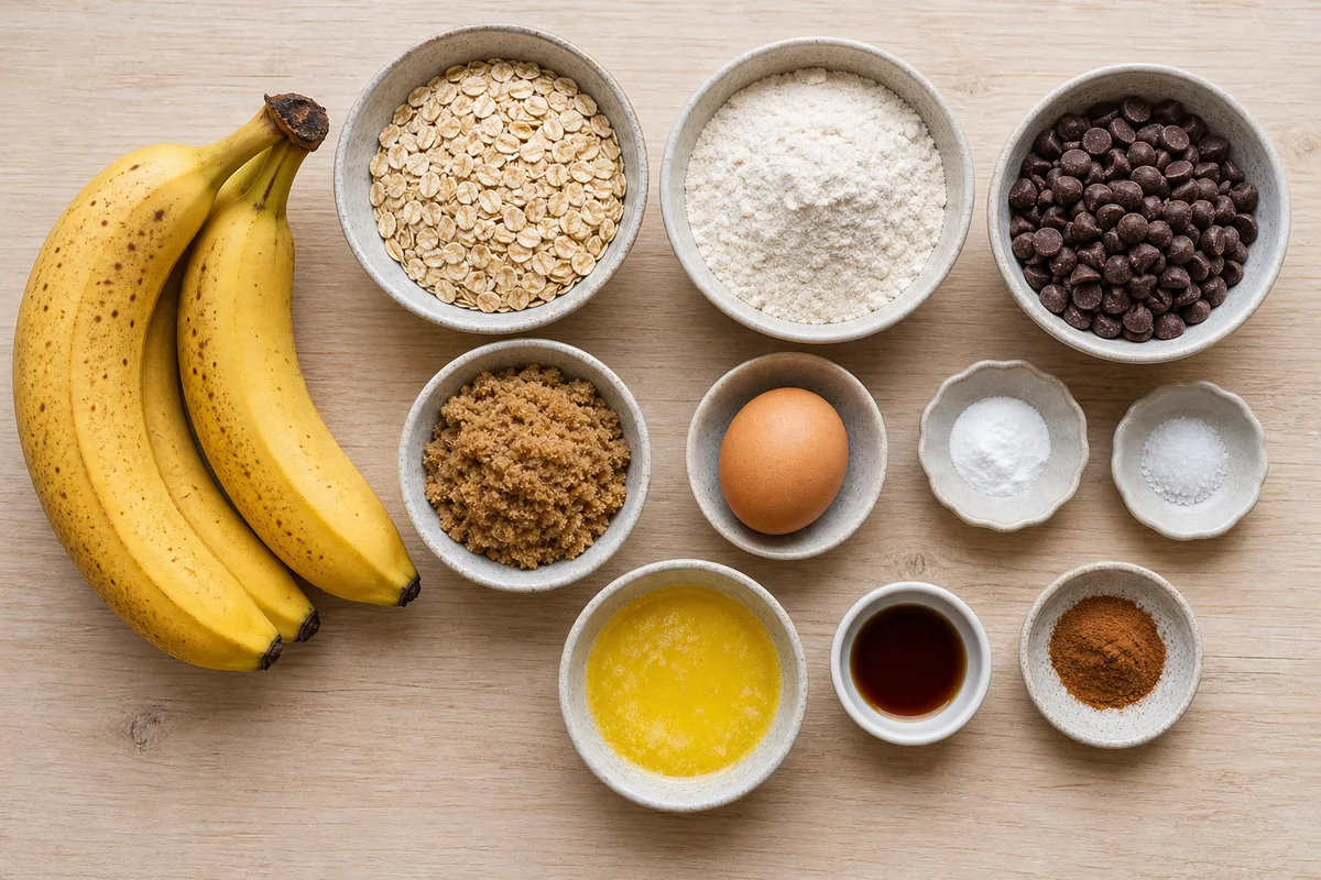 Banana Chocolate Chip Oatmeal Cookies 3 Ingredients for banana chocolate chip oatmeal cookies including bananas oats flour chocolate chips brown sugar egg butter vanilla and cinnamon