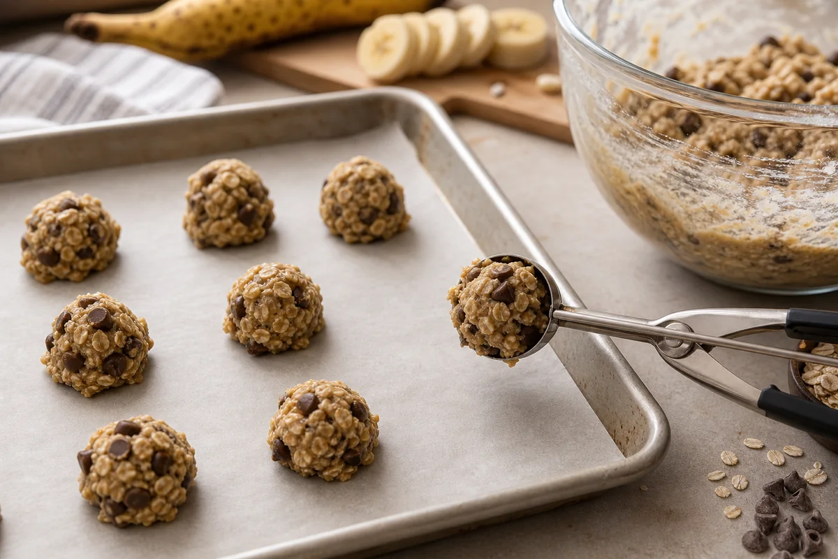 Banana Chocolate Chip Oatmeal Cookies 4 Banana chocolate chip oatmeal cookie dough being scooped onto a parchment lined baking sheet