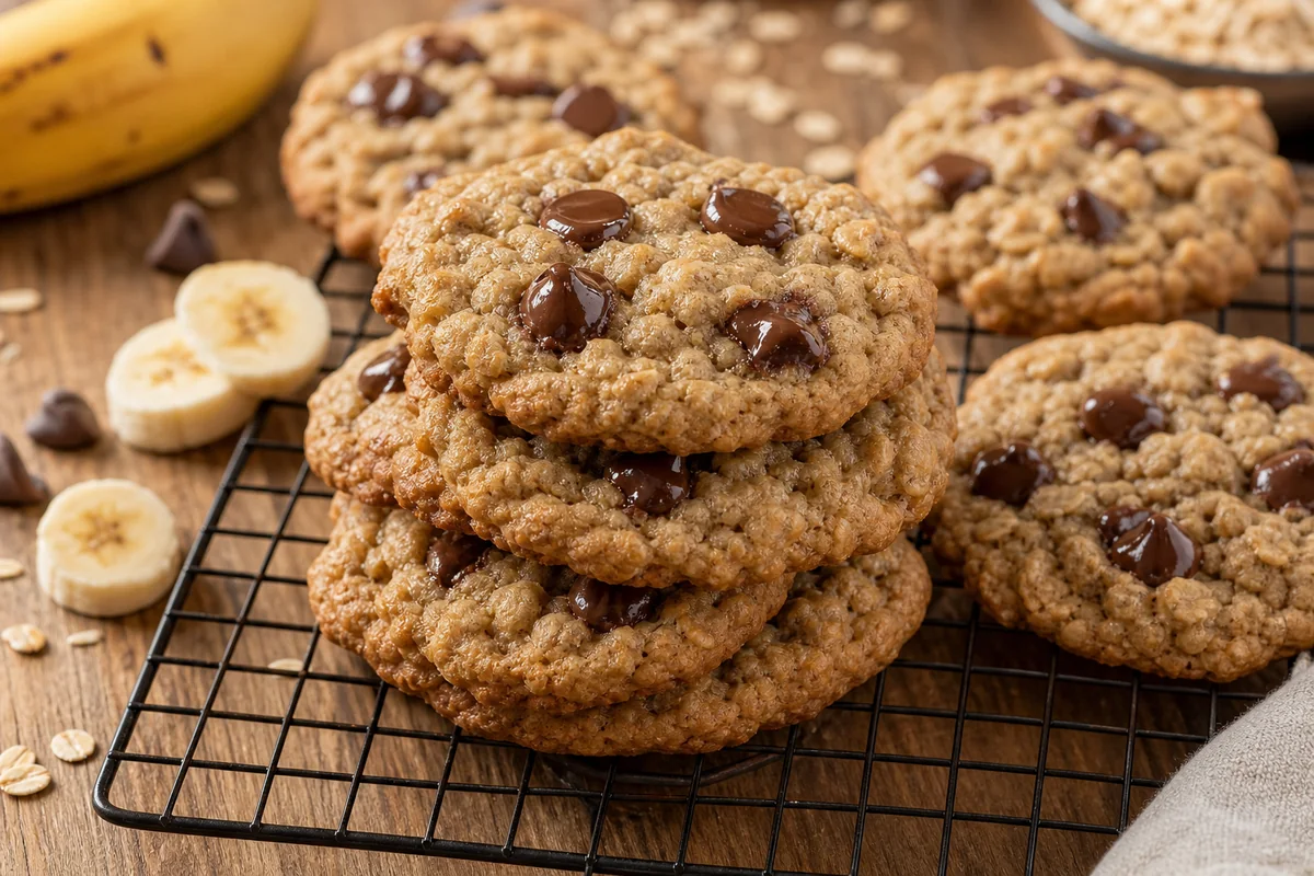 Banana Chocolate Chip Oatmeal Cookies 2 Banana chocolate chip oatmeal cookies cooling on a rack with oats and banana slices